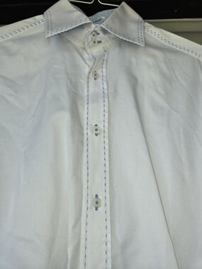 Bugatchi White Women's Dress Shirt with Blue Stitching